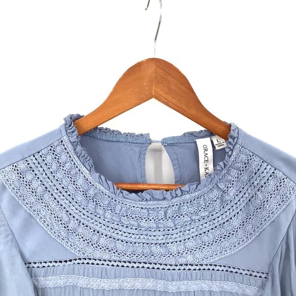 Grace + Karma Women's Blue Lace Ruffle Blouse Top L Rayon Cotton - Picture 2 of 8